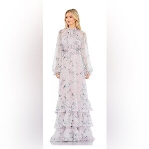 Mac Duggal Women's Floral Print Ruched Raglan Sleeve Tiered Gown NWT size 10